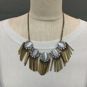 Romolo Isabella Necklace Pearlescent Stone Fringe Antique Gold NWT